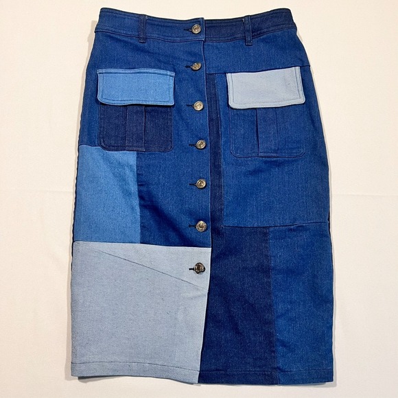 Gracia Dresses & Skirts - Gracia Skirt Blue Patchwork Denim Button‎ Front Western Midi Women's Small